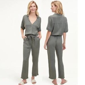 Splendid Soleil Linen Blend Short Sleeve Tie Jumpsuit Sage Green S